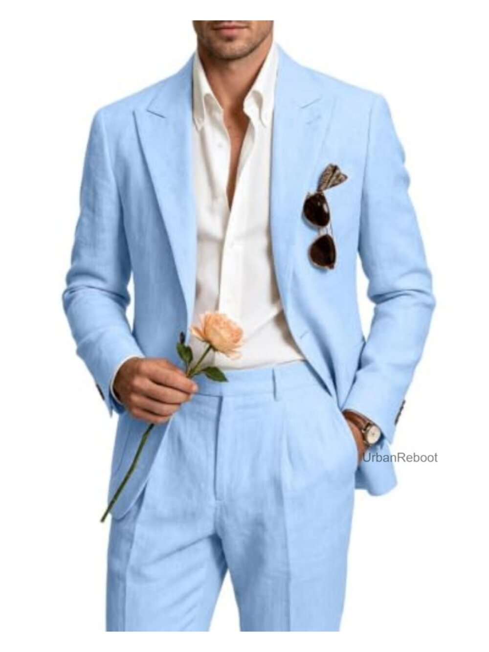 Linen Blend Men's 2 Piece Suit Slim Fit Blazer & Pants Set